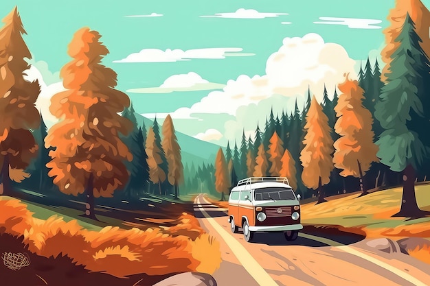 Road with a car in a beautiful autumn forest with mountains