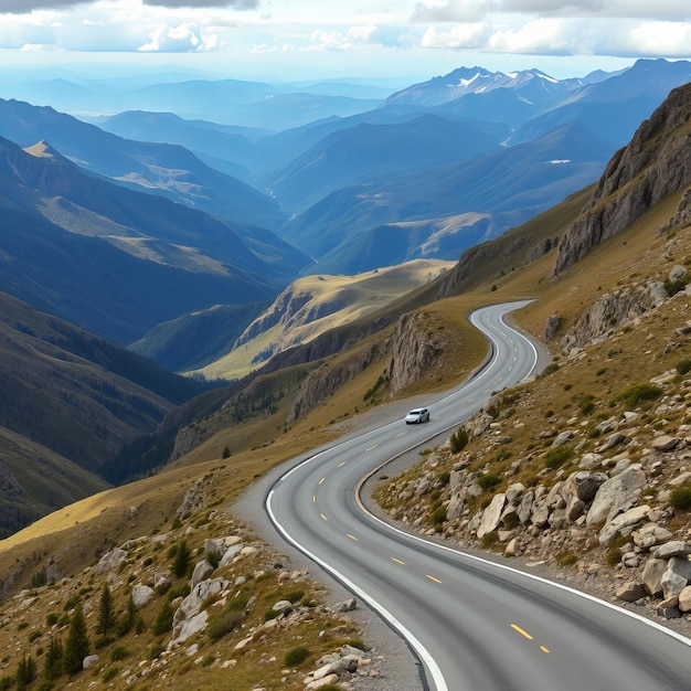 Photo a road with a car driving down it and a mountain in the background