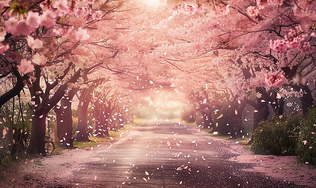 a road with cherry blossom trees in the background