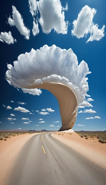 A road with a cloud shaped like a tornado