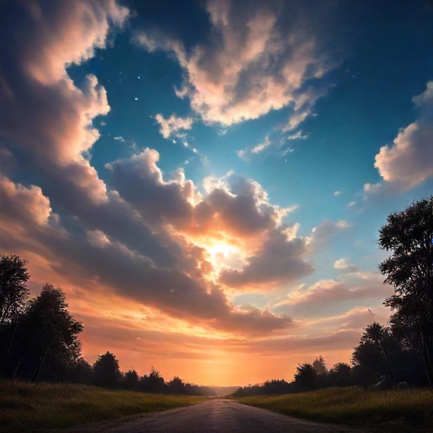 a road with clouds and a sun in the sky