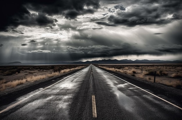 A road with a dark sky and clouds