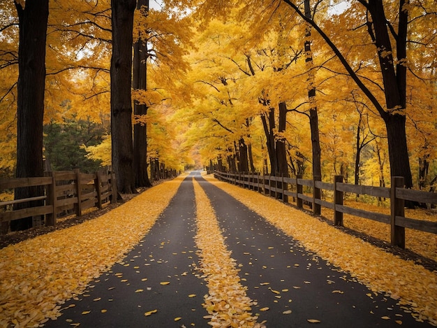 a road with a fence and trees with yellow leaves on it