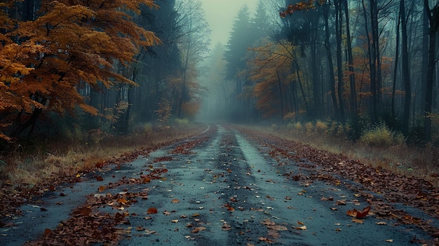 a road with a foggy forest and a road with trees on it