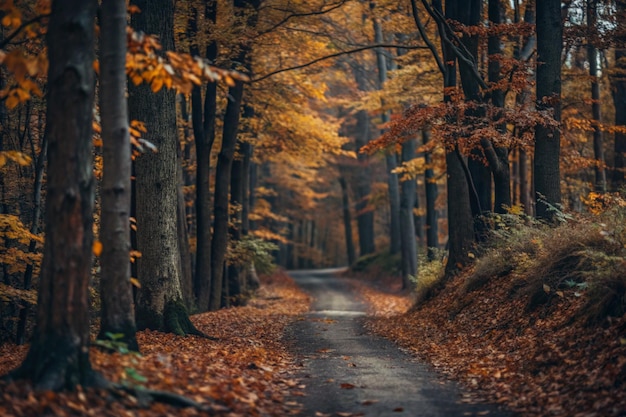 a road with a forest in the background and a road with autumn leaves