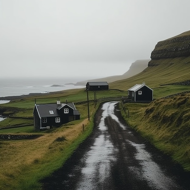 A road with a green field and a house on it