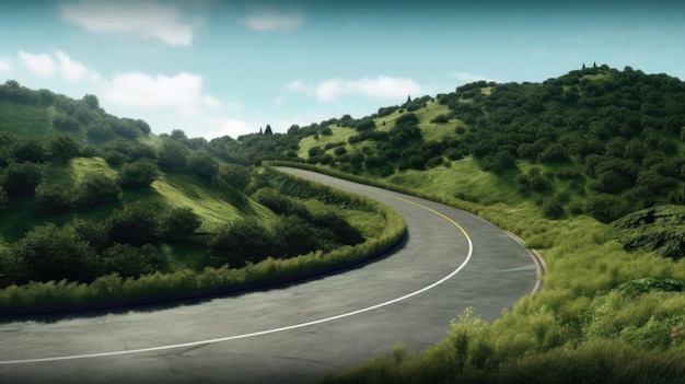 A road with a green hillside and a blue sky with clouds