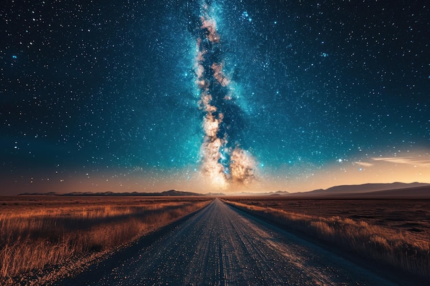 A road with a long line of stars in the background