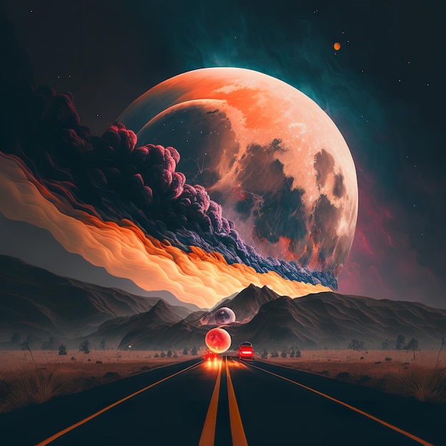 A road with a moon and a planet