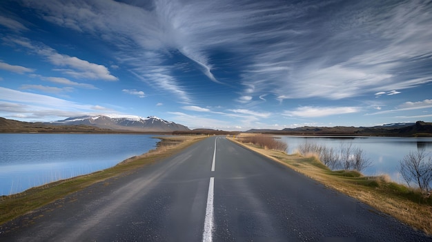 a road with a mountain in the background and a lake in the background