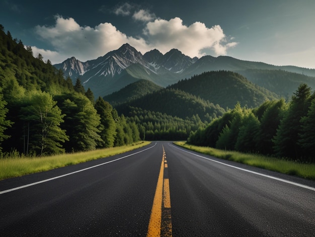 a road with a mountain in the background and a sign that says quot mountains quot