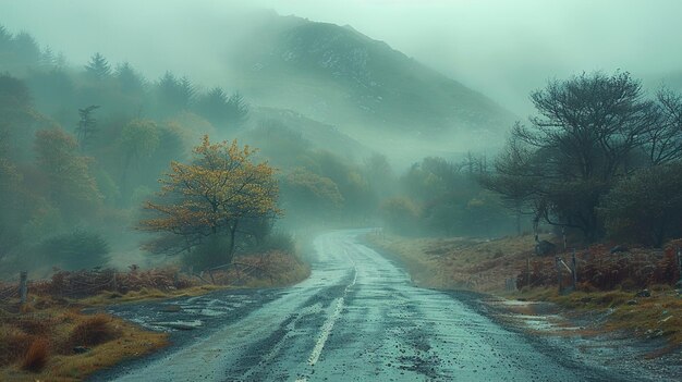 a road with a mountain in the background and a sign that says  stop  on it