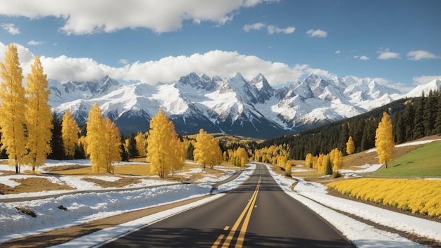 a road with a mountain in the background and a snow covered mountain in the background