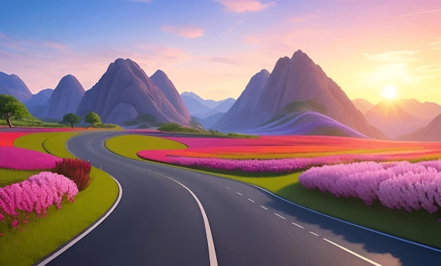 a road with mountains in the background and a car driving on the road