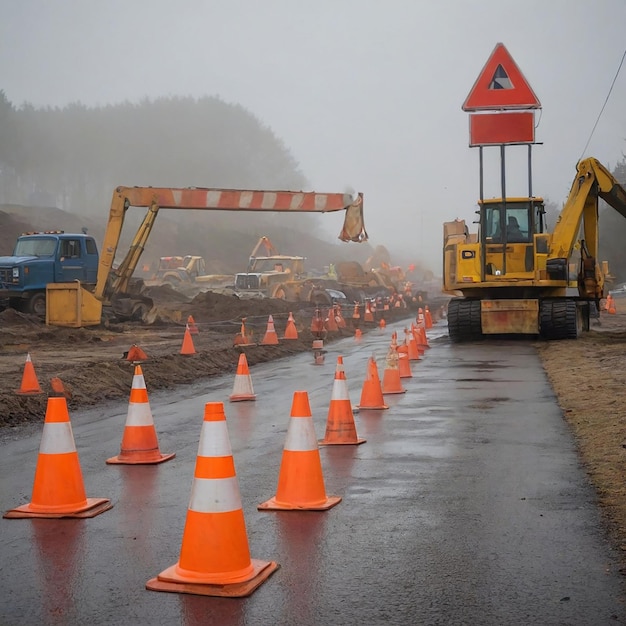 Photo road with orange cones and a green tractor on the side of it