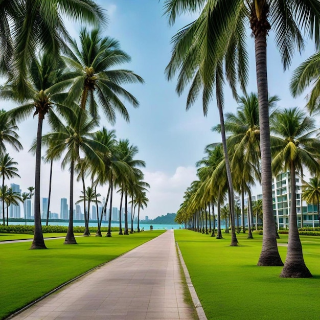 a road with palm trees and a building in the background