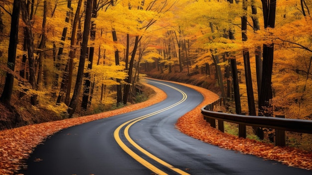 a road with a passing car between the autumn forest top view