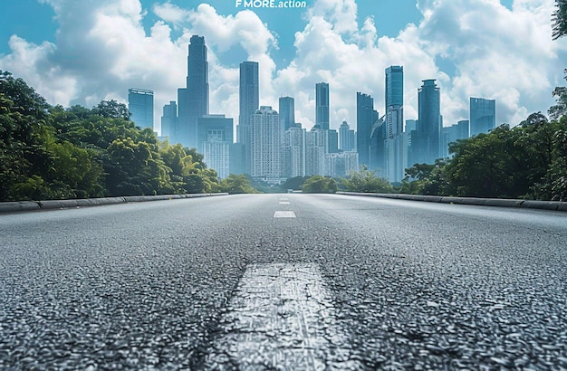 a road with a picture of a city skyline and a city in the background