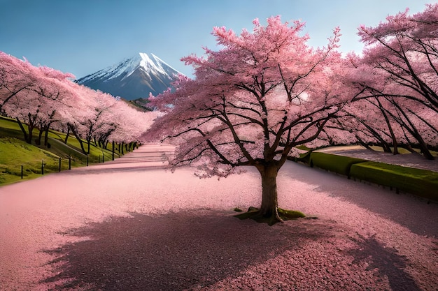 A road with a pink tree with the mountain in the background