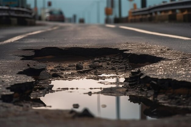 A road with a pothole and a sign that says'road to the left '