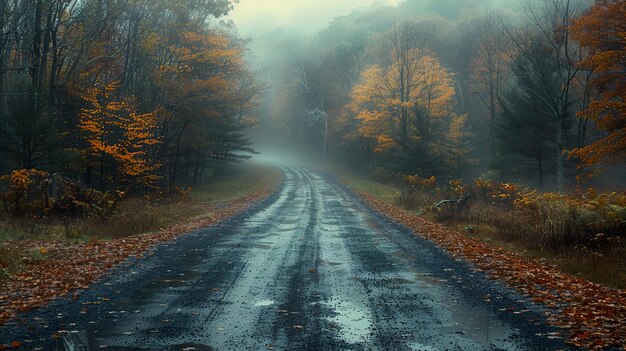 a road with a puddle of water on it and a road with trees on the side