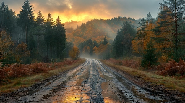 a road with a puddle of water and a road with trees in the background