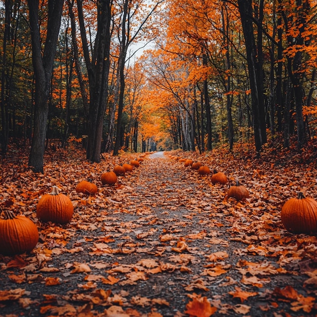 a road with pumpkins on it and some trees in the background