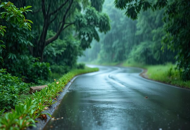 Photo a road with a rain soaked road and trees