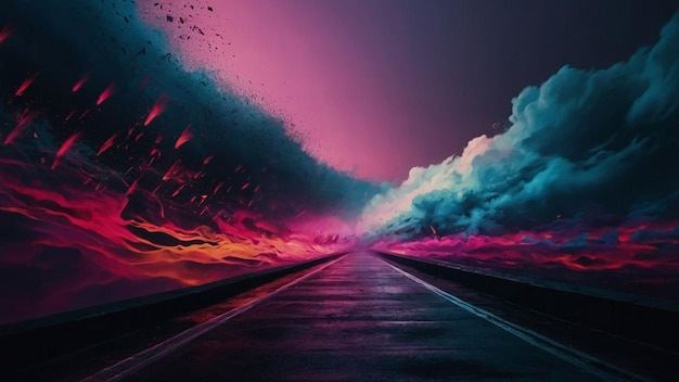 a road with a road that has a purple sky and a road with a purple horizon