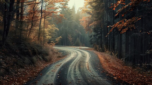 a road with a road that has a road that has fallen leaves on it