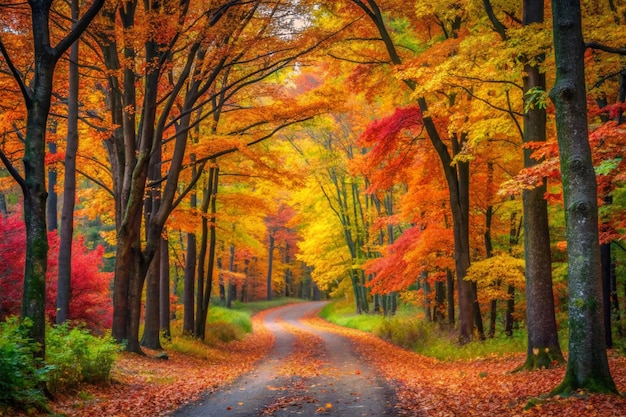 a road with a road that has a road that has fallen leaves on it