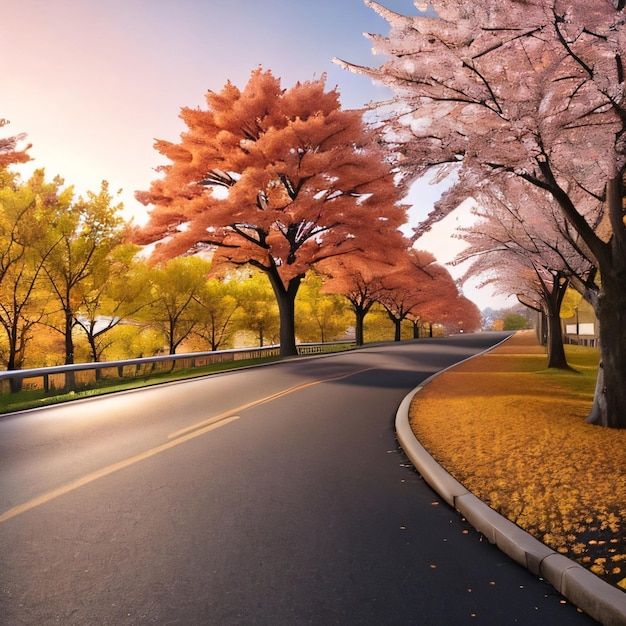 A road with a row of trees with pink flowers on it.