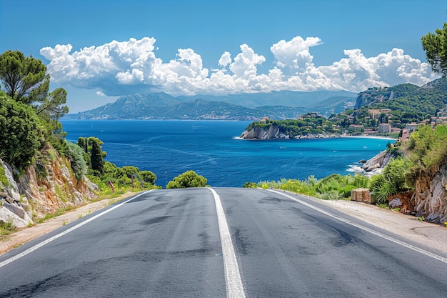 A road with a sea view in the south of france blue sky white clouds clear day sunny no people o