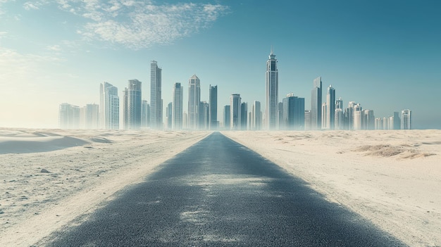 a road with a skyscraper in the background