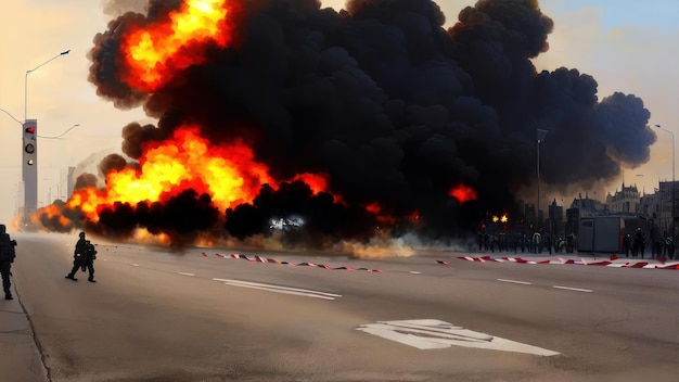 A road with smoke and a sign that says'fire'on it