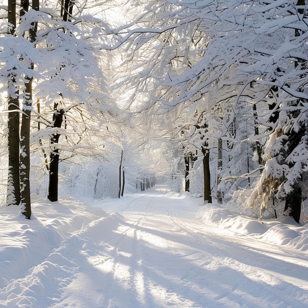 a road with snow on it and a road with snow covered trees