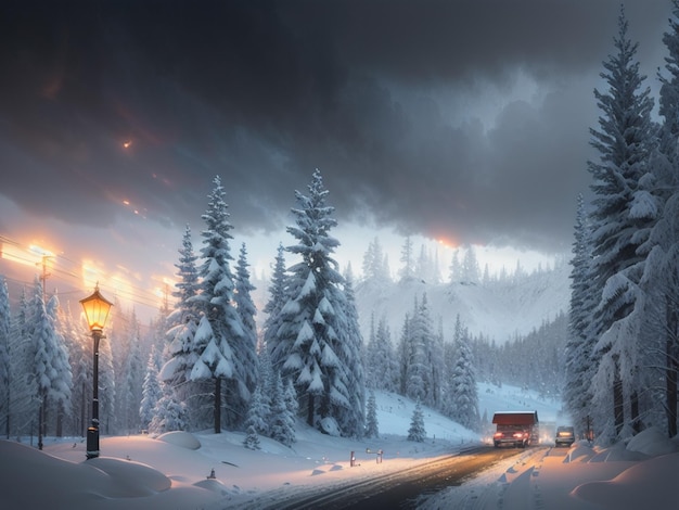 A road with snow on it and a street lamp on the right side.