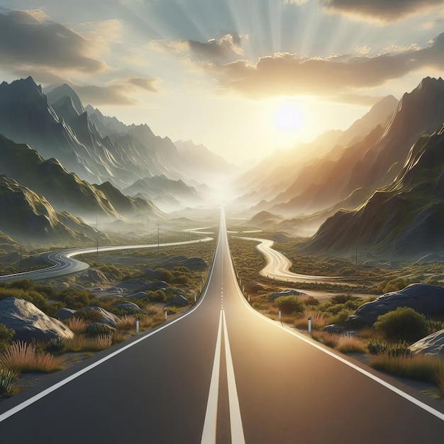 a road with a sun shining through the mountains