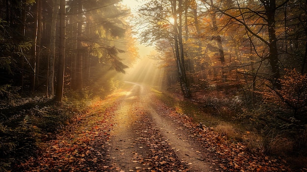 a road with a sun shining through the trees