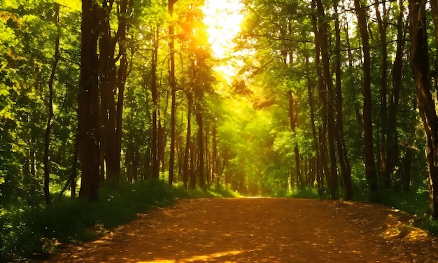 a road with a sun shining through the trees