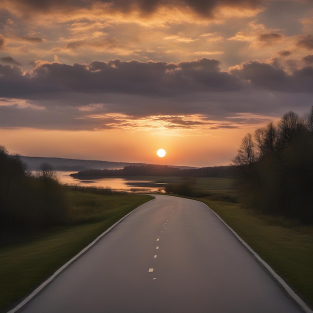 Photo a road with a sunset in the background and a road with a lake in the background