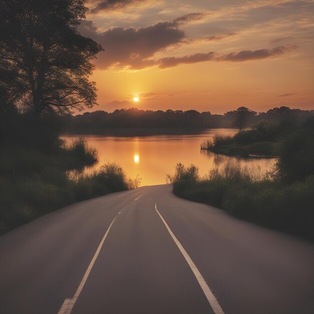 Photo a road with a sunset in the background and a sign that says  sunset