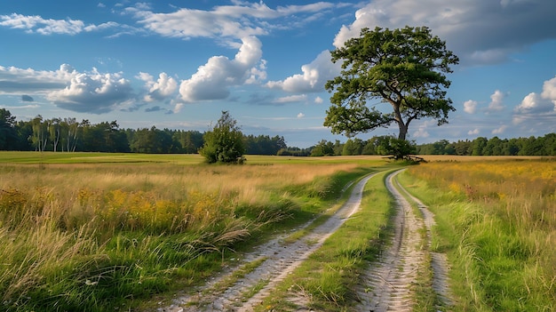 Photo a road with tire tracks on it and the sky is background beauty nature