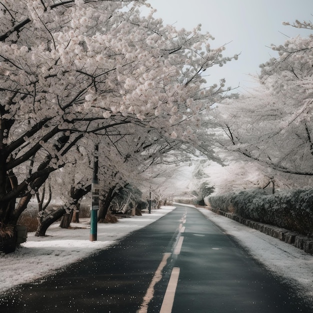 A road with a tree covered in white snow and a road with a road that has a sign that says'spring'on it