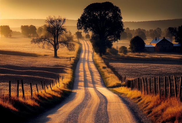 a road with a tree on it and a road with a fence and trees in the background