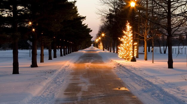 a road with a tree on it and a street with a line of lights on it