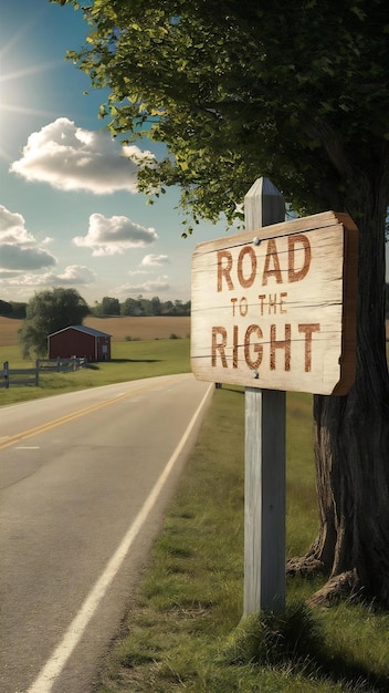 A road with a tree on the left side and a sign that saysroad to the right