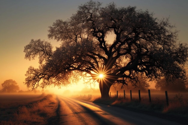 A road with a tree in the middle and the sun shining through the branches.