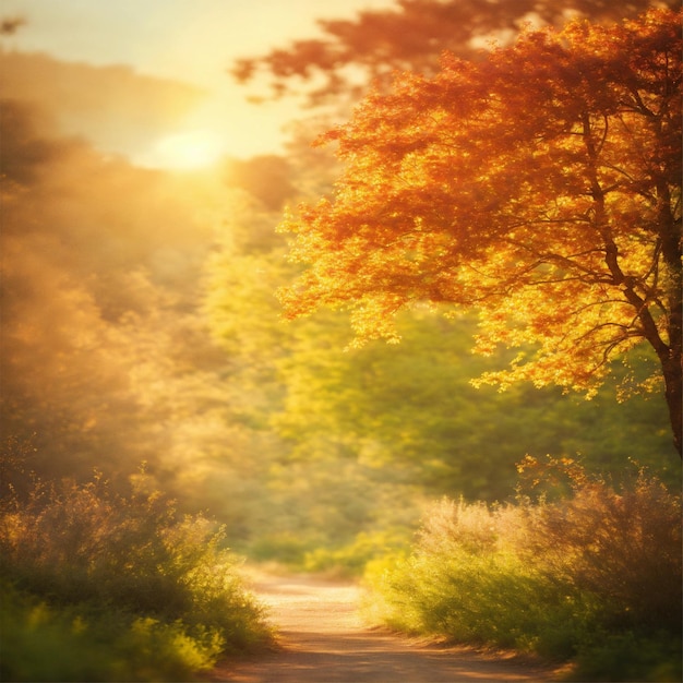 a road with a tree and a sun shining through the trees