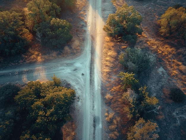 A road with trees on either side and a dirt road